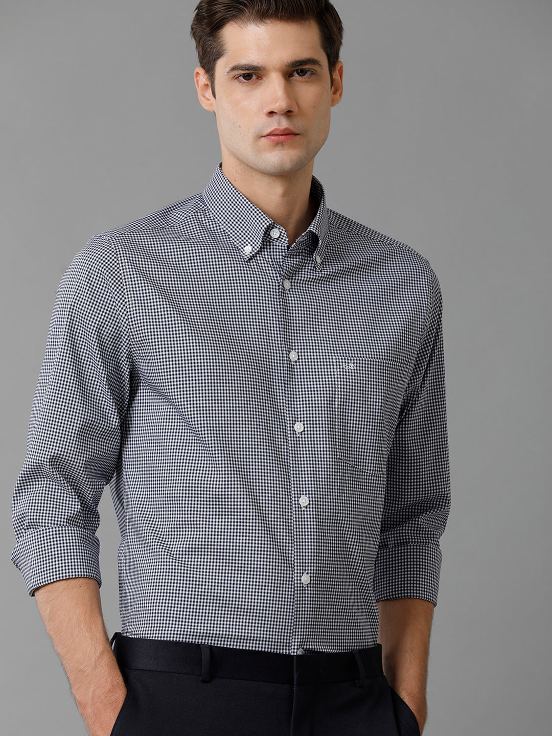 Aldeno Mens Slim Fit Check Navy/White Casual Cotton Blend Stretch Shirt (GINO)