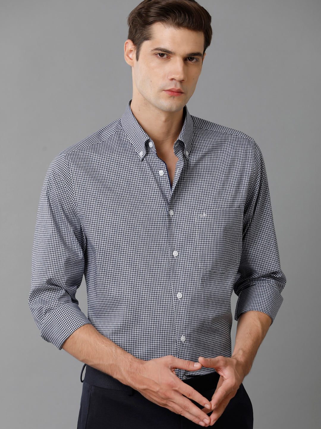 Aldeno Mens Slim Fit Check Navy/White Casual Cotton Blend Stretch Shirt (GINO)