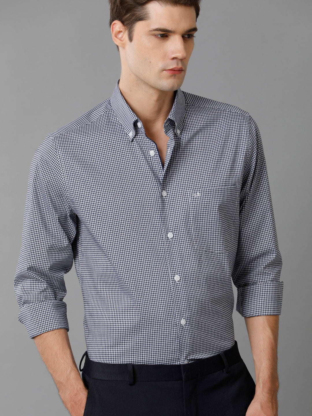 Aldeno Mens Slim Fit Check Navy/White Casual Cotton Blend Stretch Shirt (GINO)