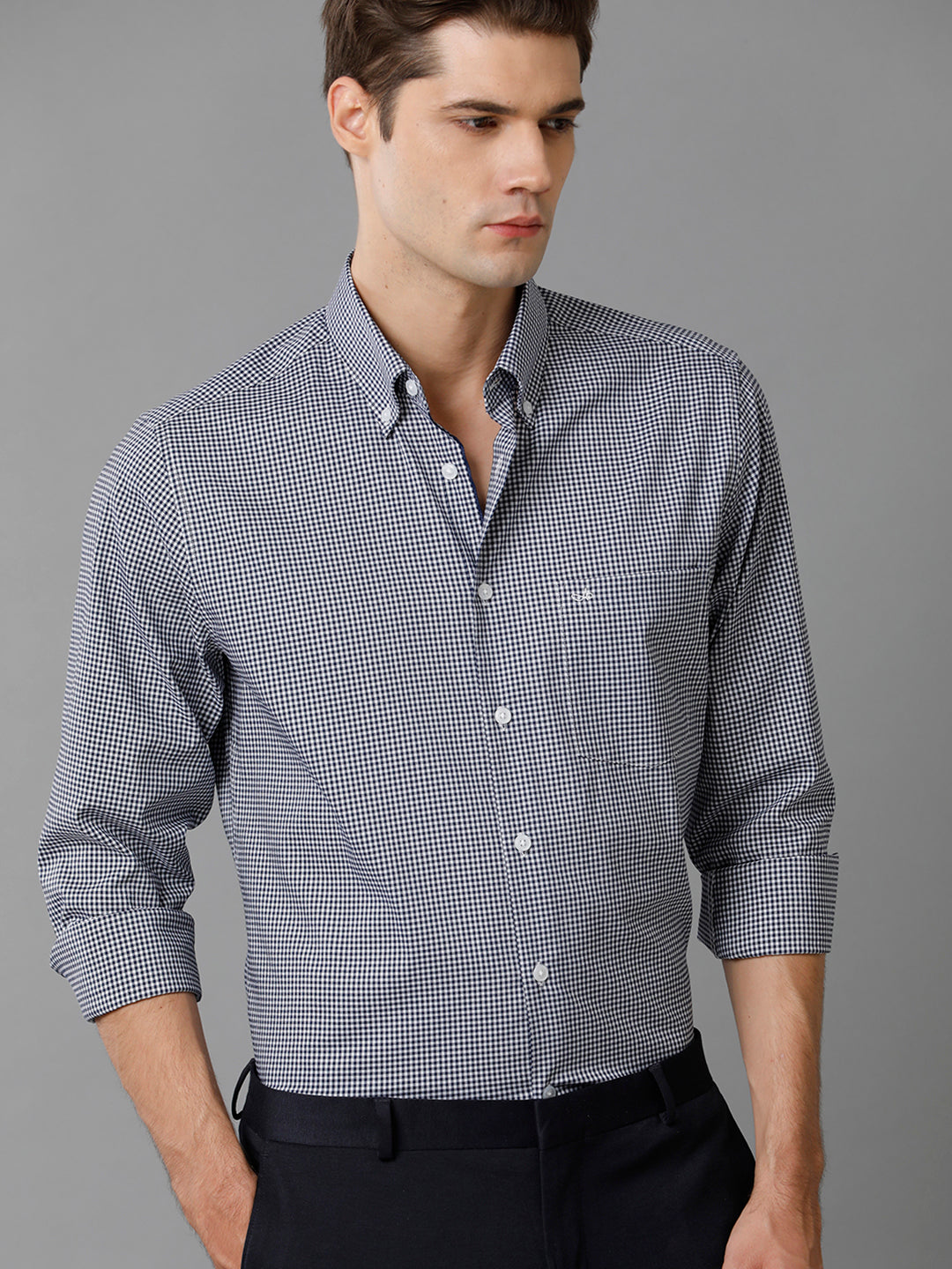 Aldeno Mens Slim Fit Check Navy/White Casual Cotton Blend Stretch Shirt (GINO)