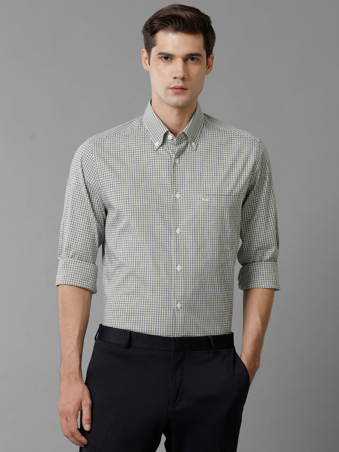 Aldeno Mens Slim Fit Check Light Green/Navy Casual Cotton Stretch Shirt (GIAN)