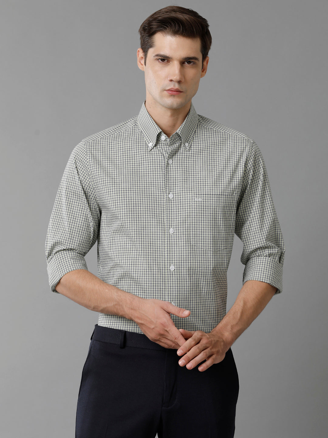 Aldeno Mens Slim Fit Check Light Green/Navy Casual Cotton Stretch Shirt (GIAN)