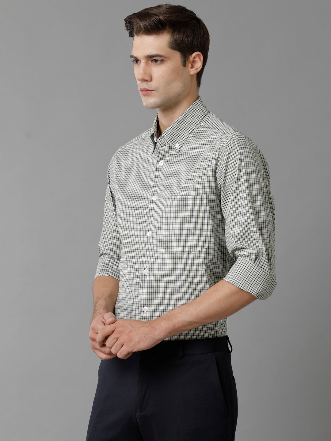 Aldeno Mens Slim Fit Check Light Green/Navy Casual Cotton Stretch Shirt (GIAN)