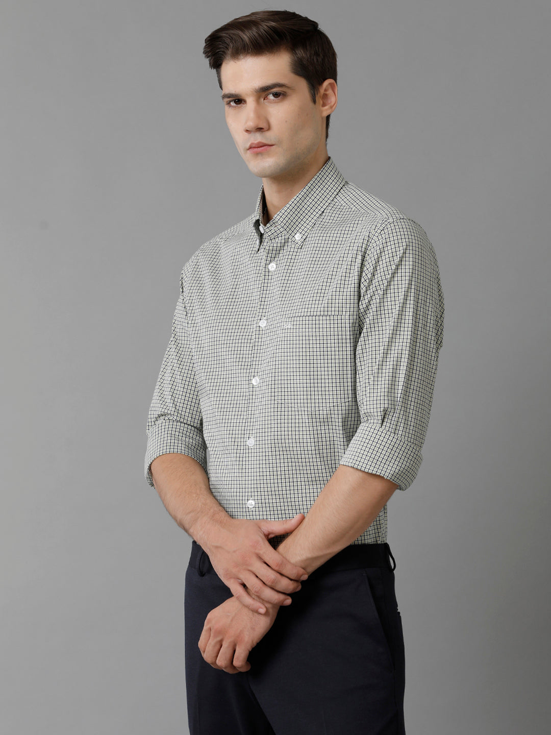Aldeno Mens Slim Fit Check Light Green/Navy Casual Cotton Stretch Shirt (GIAN)