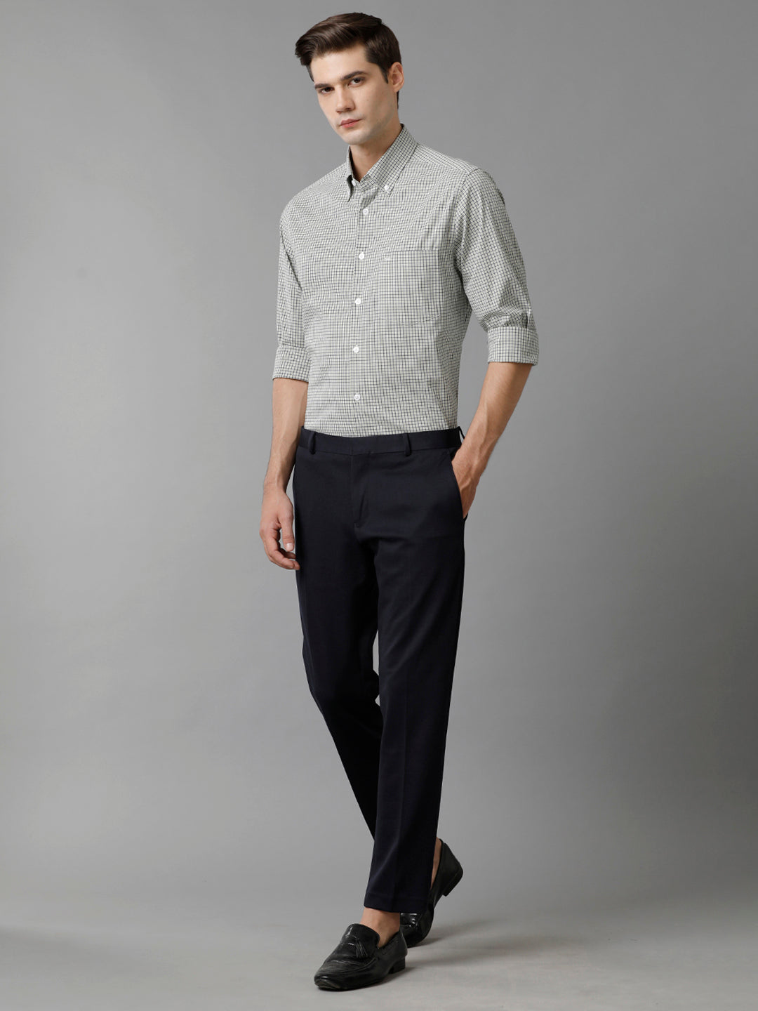 Aldeno Mens Slim Fit Check Light Green/Navy Casual Cotton Stretch Shirt (GIAN)