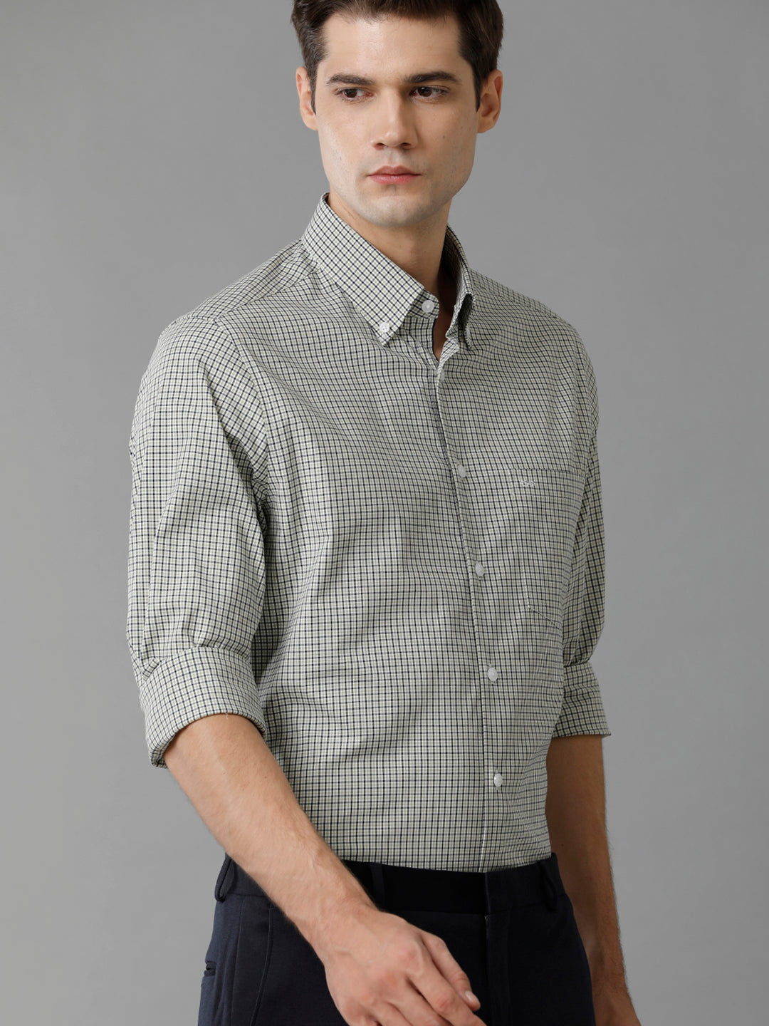 Aldeno Mens Slim Fit Check Light Green/Navy Casual Cotton Stretch Shirt (GIAN)