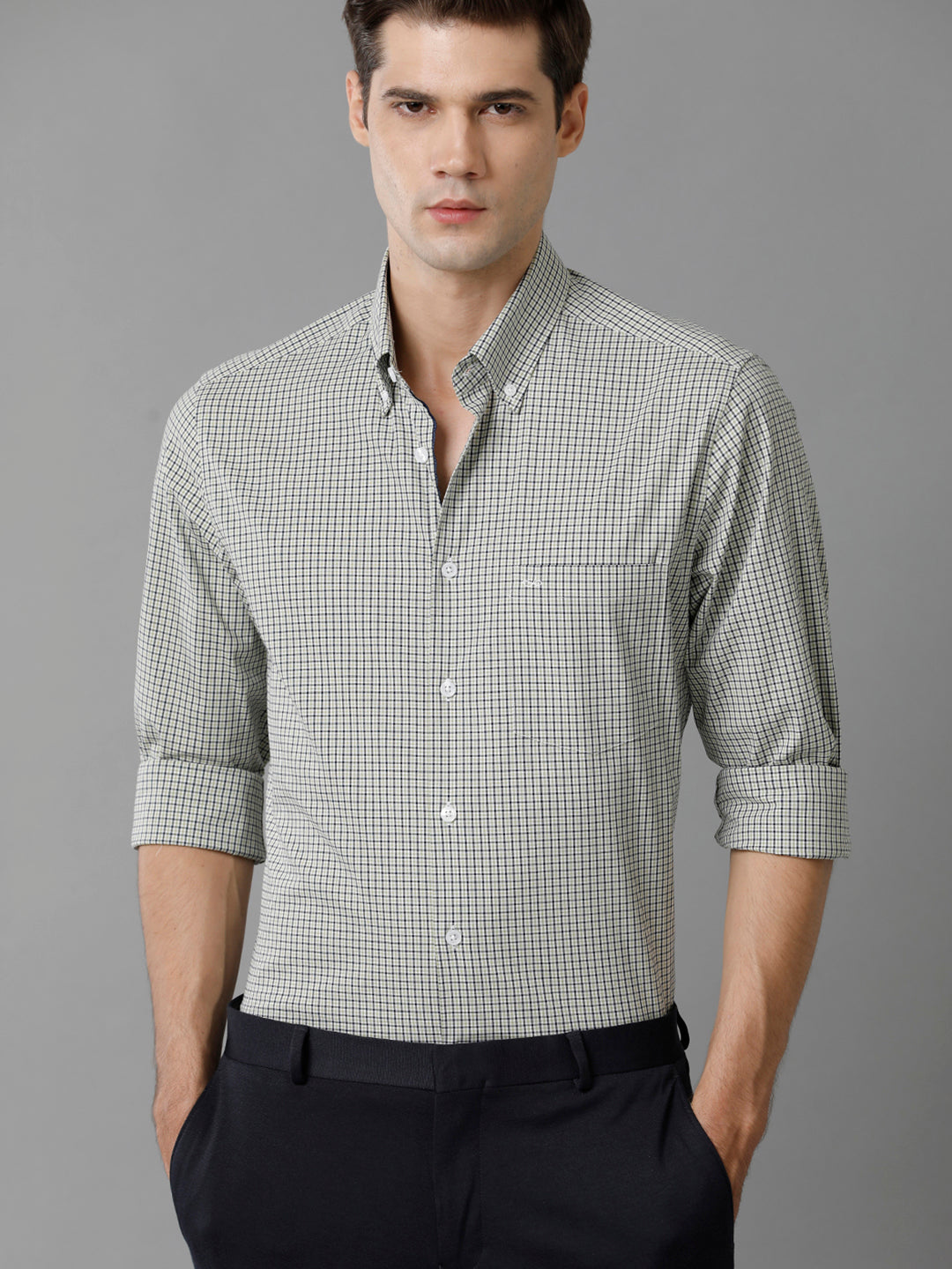 Aldeno Mens Slim Fit Check Light Green/Navy Casual Cotton Stretch Shirt (GIAN)