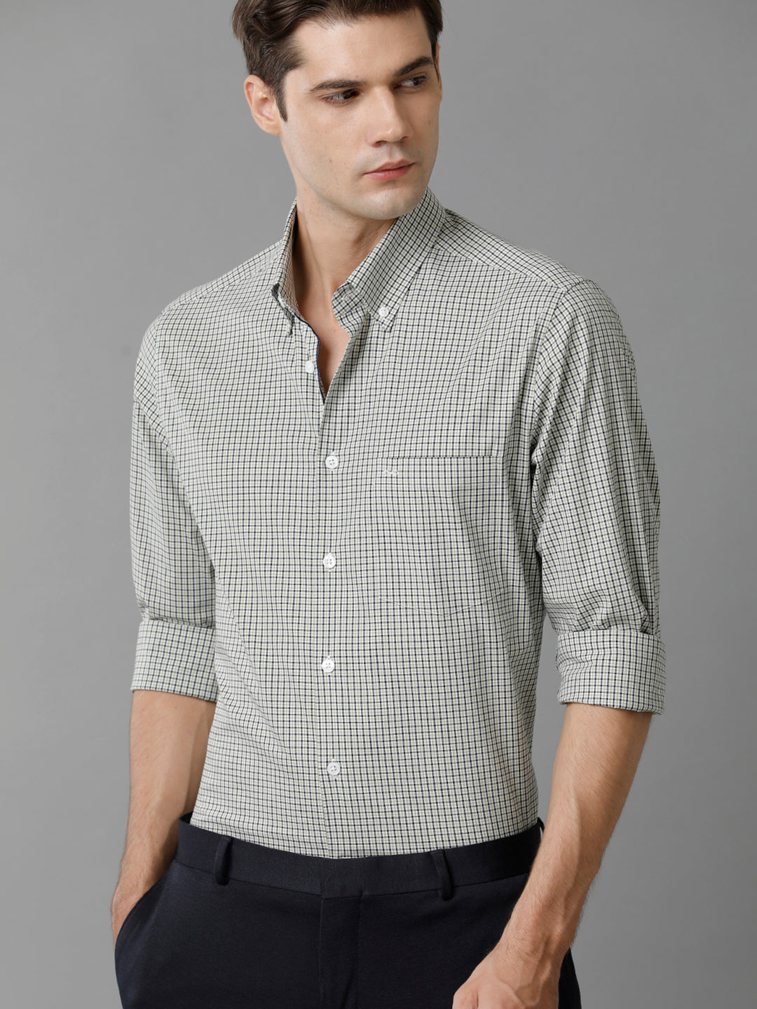 Aldeno Mens Slim Fit Check Light Green/Navy Casual Cotton Stretch Shirt (GIAN)