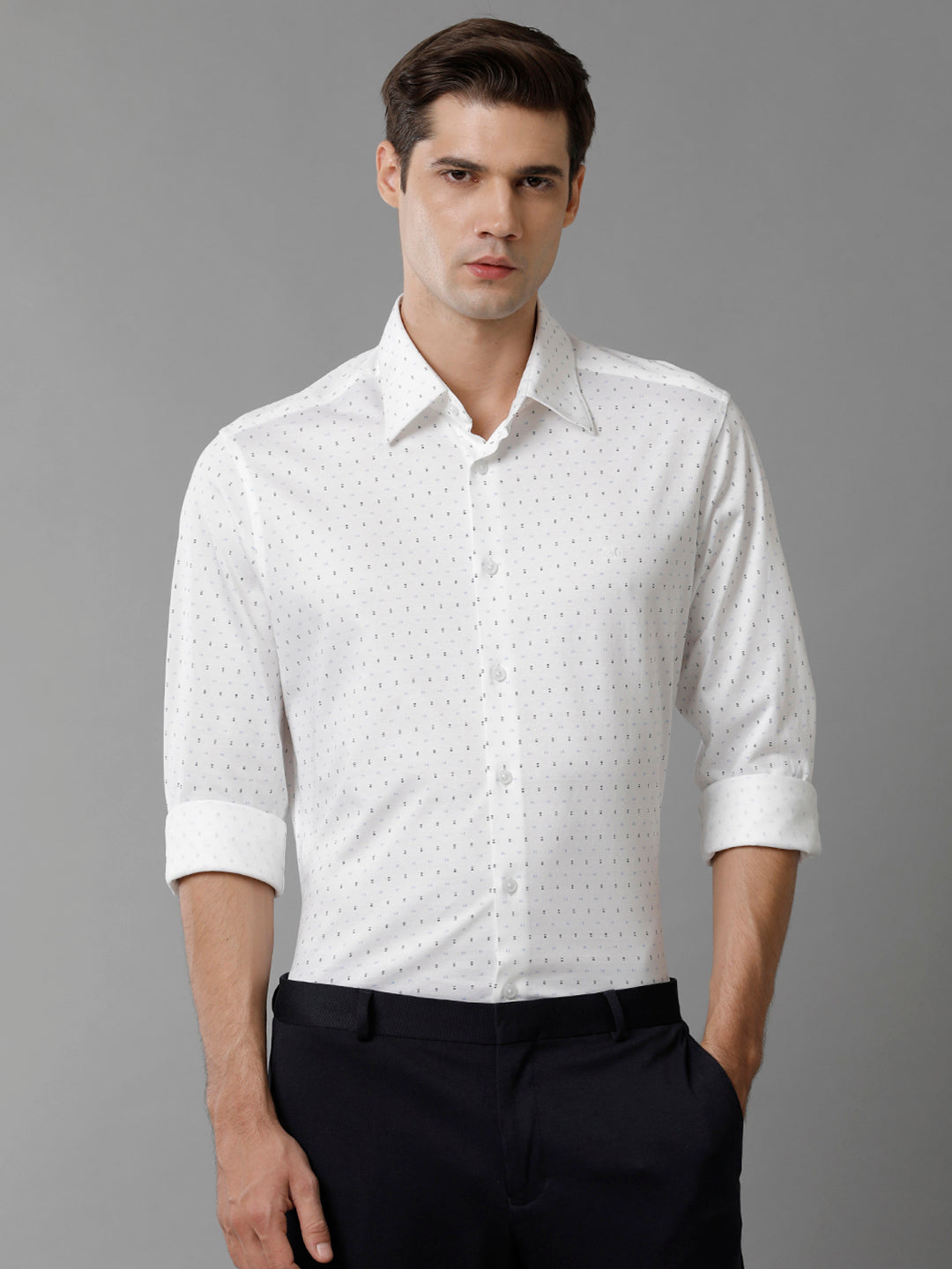 Aldeno Mens Regular Fit Blue/Navy/White Small Motif AOP Casual Knitted Cotton Shirt (FOPIN)