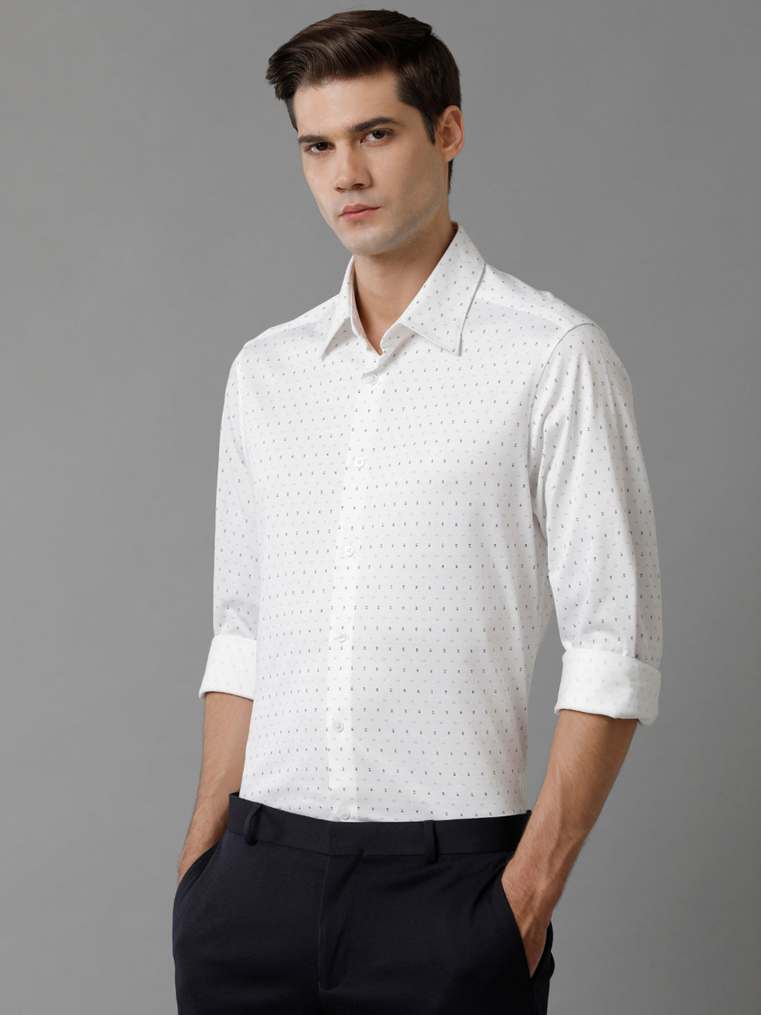 Aldeno Mens Regular Fit Blue/Navy/White Small Motif AOP Casual Knitted Cotton Shirt (FOPIN)