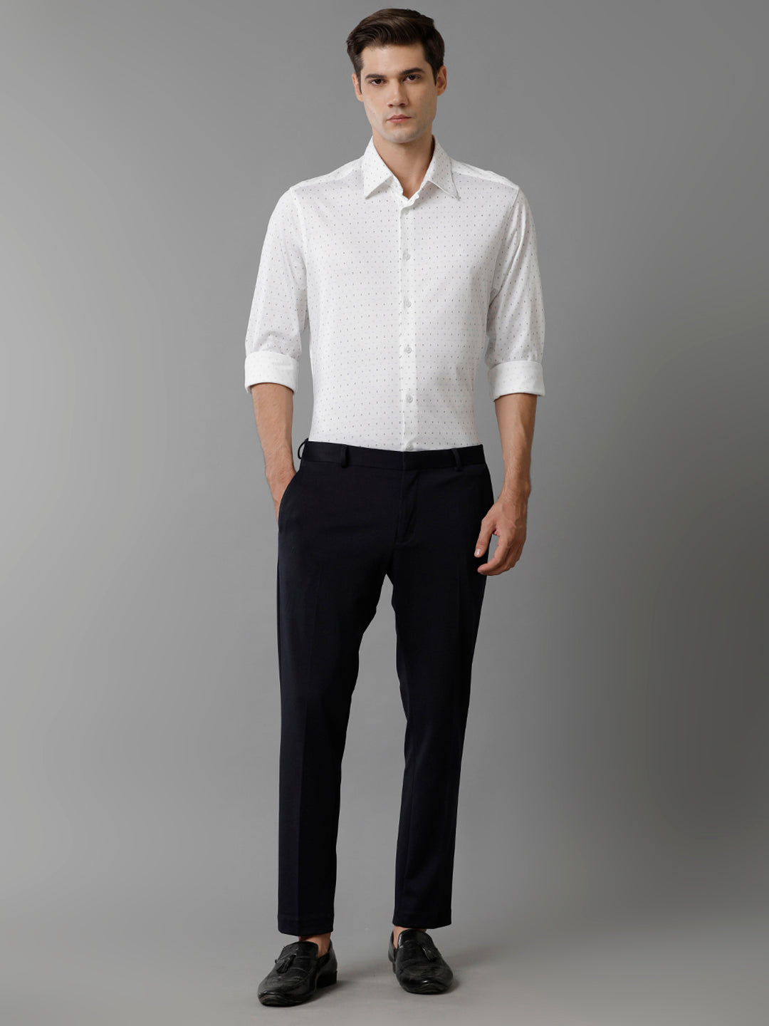 Aldeno Mens Regular Fit Blue/Navy/White Small Motif AOP Casual Knitted Cotton Shirt (FOPIN)