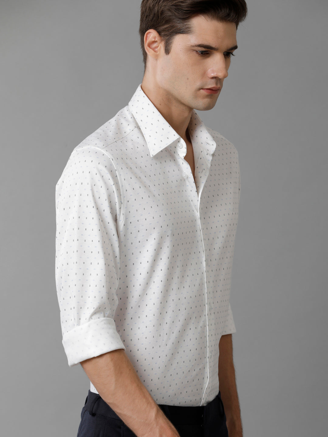 Aldeno Mens Regular Fit Blue/Navy/White Small Motif AOP Casual Knitted Cotton Shirt (FOPIN)