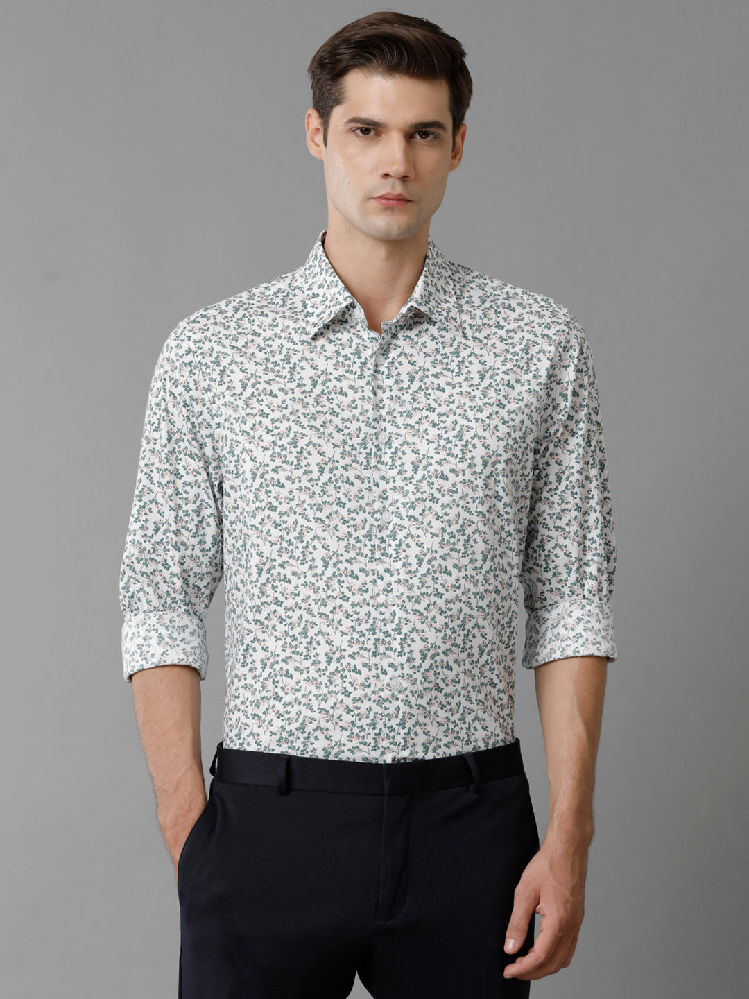 Aldeno Mens Slim Fit Green/Baby Pink/White Floral AOP Casual Cotton Stretch Shirt (PIGER)