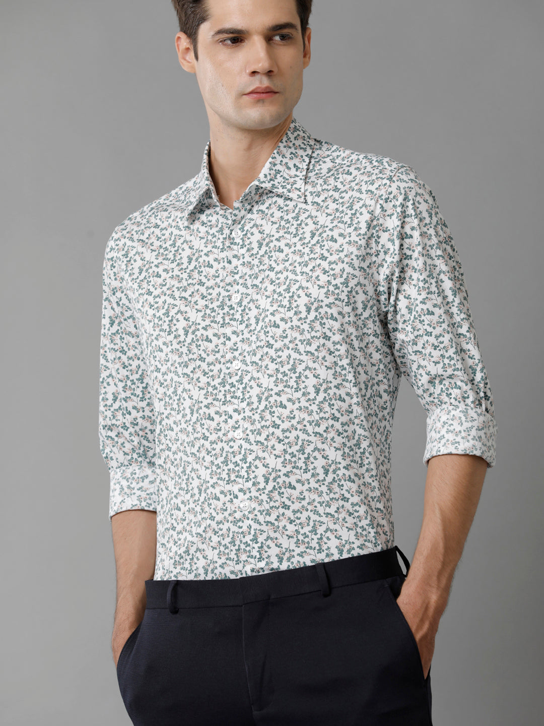 Aldeno Mens Slim Fit Green/Baby Pink/White Floral AOP Casual Cotton Stretch Shirt (PIGER)