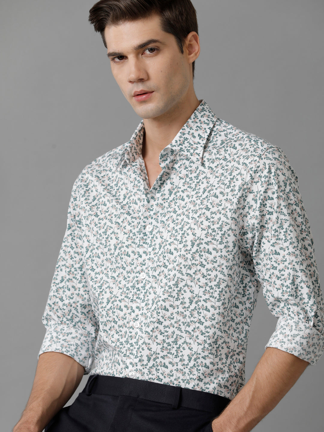 Aldeno Mens Slim Fit Green/Baby Pink/White Floral AOP Casual Cotton Stretch Shirt (PIGER)