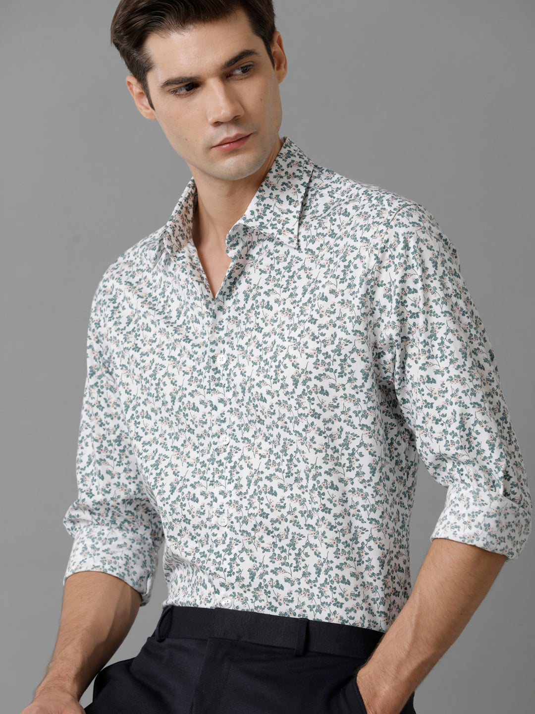 Aldeno Mens Slim Fit Green/Baby Pink/White Floral AOP Casual Cotton Stretch Shirt (PIGER)