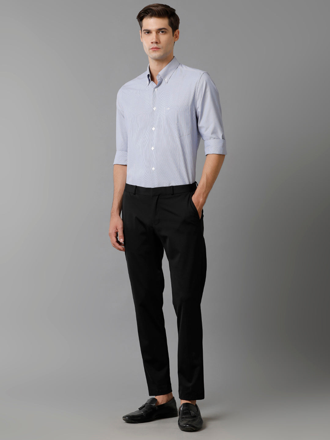 Aldeno Mens Slim Fit Vertical Stripes Navy Blue Formal Cotton Shirt (CAVAN)