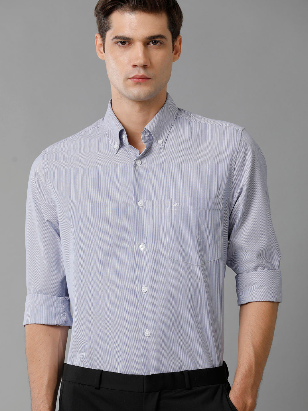 Aldeno Mens Slim Fit Vertical Stripes Navy Blue Formal Cotton Shirt (CAVAN)