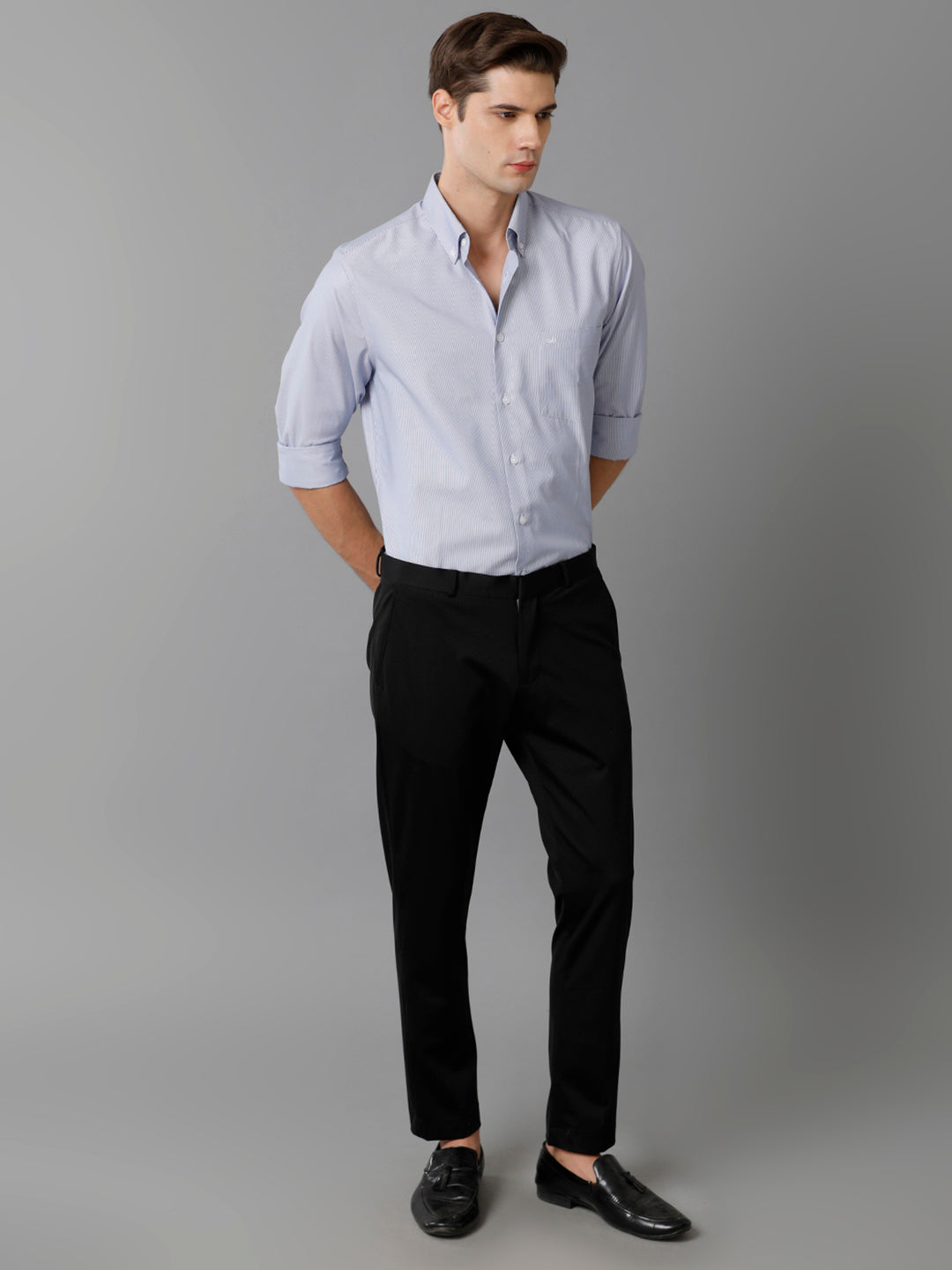 Aldeno Mens Slim Fit Vertical Stripes Navy Blue Formal Cotton Shirt (CAVAN)