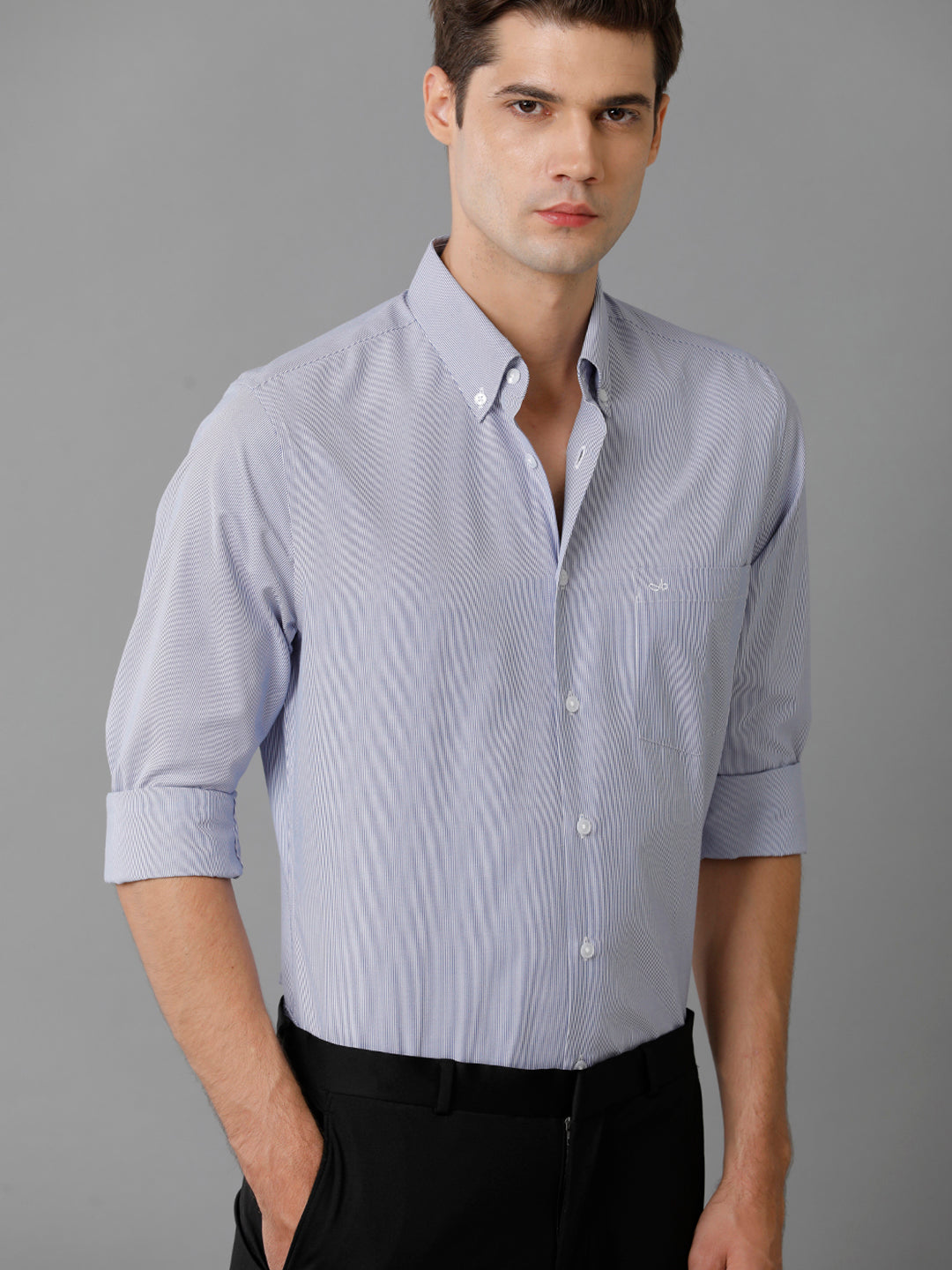 Aldeno Mens Slim Fit Vertical Stripes Navy Blue Formal Cotton Shirt (CAVAN)