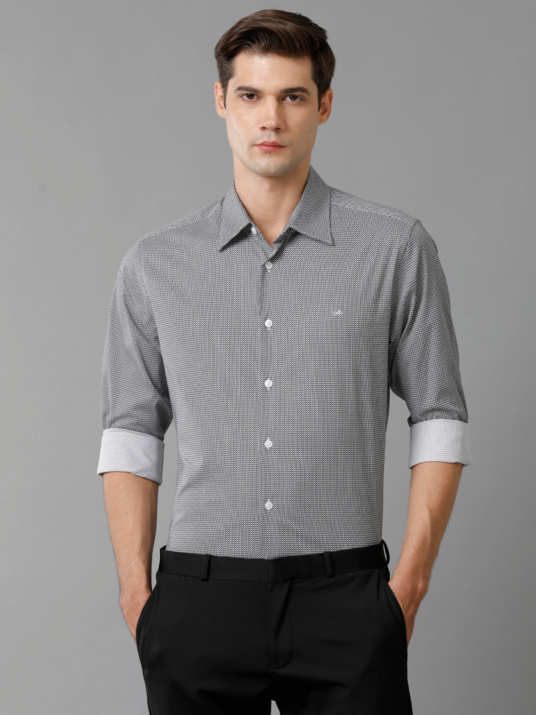 Aldeno Mens Slim Fit Black/White Geometric Print Casual Cotton Stretch Shirt (PIBAK)