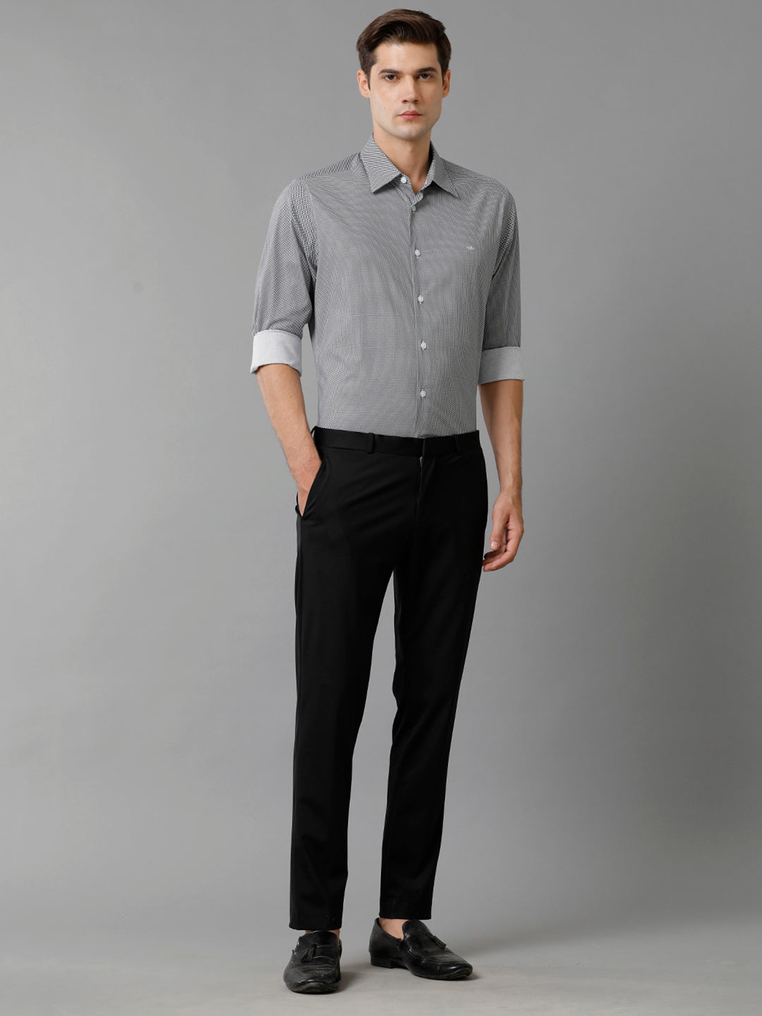 Aldeno Mens Slim Fit Black/White Geometric Print Casual Cotton Stretch Shirt (PIBAK)