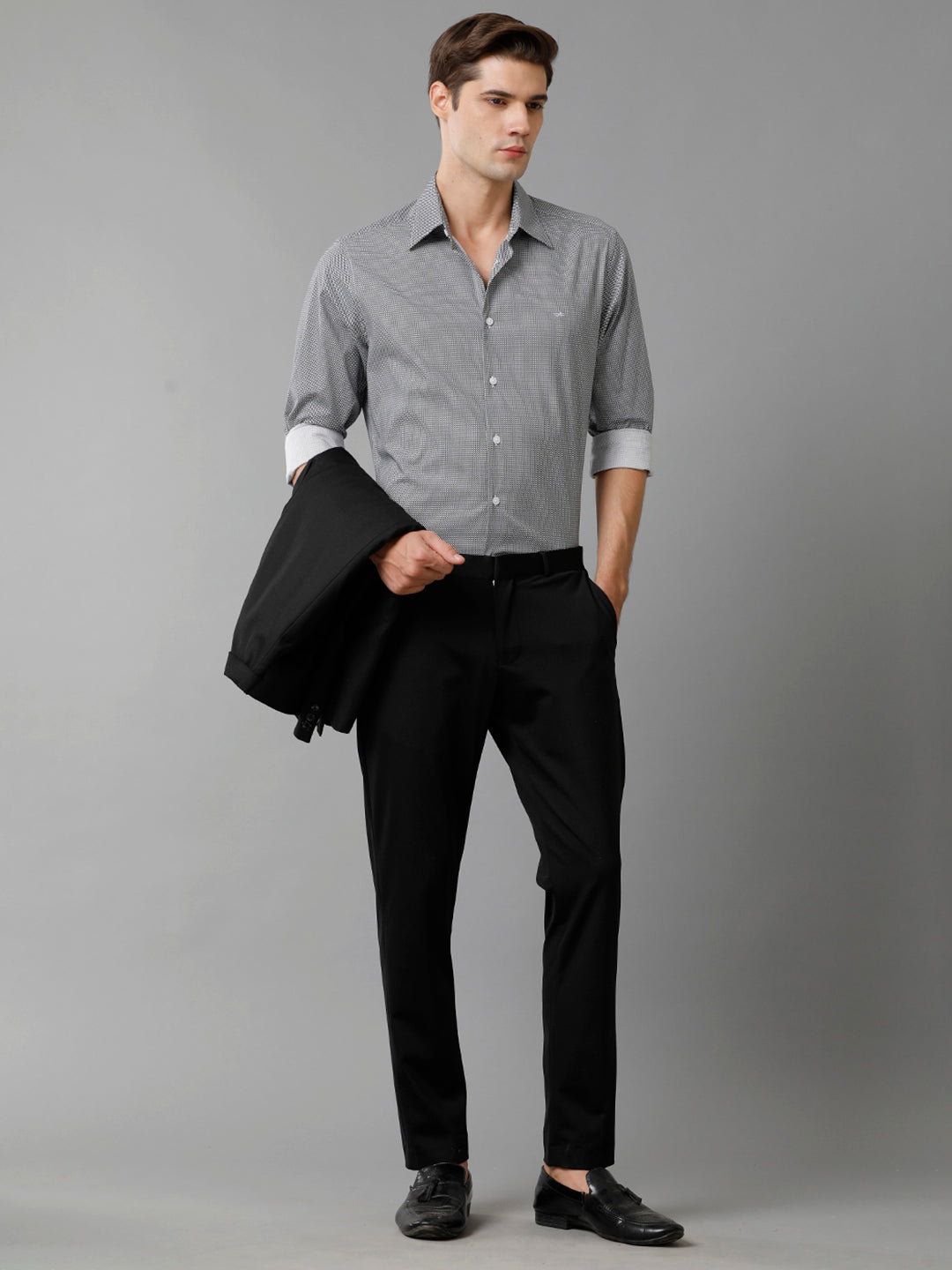 Aldeno Mens Slim Fit Black/White Geometric Print Casual Cotton Stretch Shirt (PIBAK)