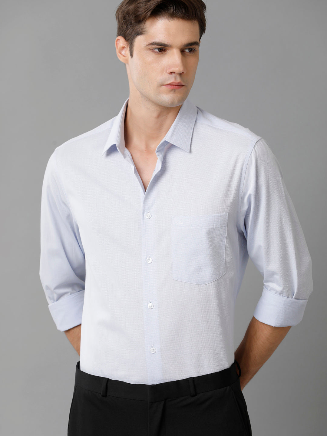 Aldeno Mens Slim Fit Ice Blue Stretctured Weave Formal Cotton Shirt (FOMON)