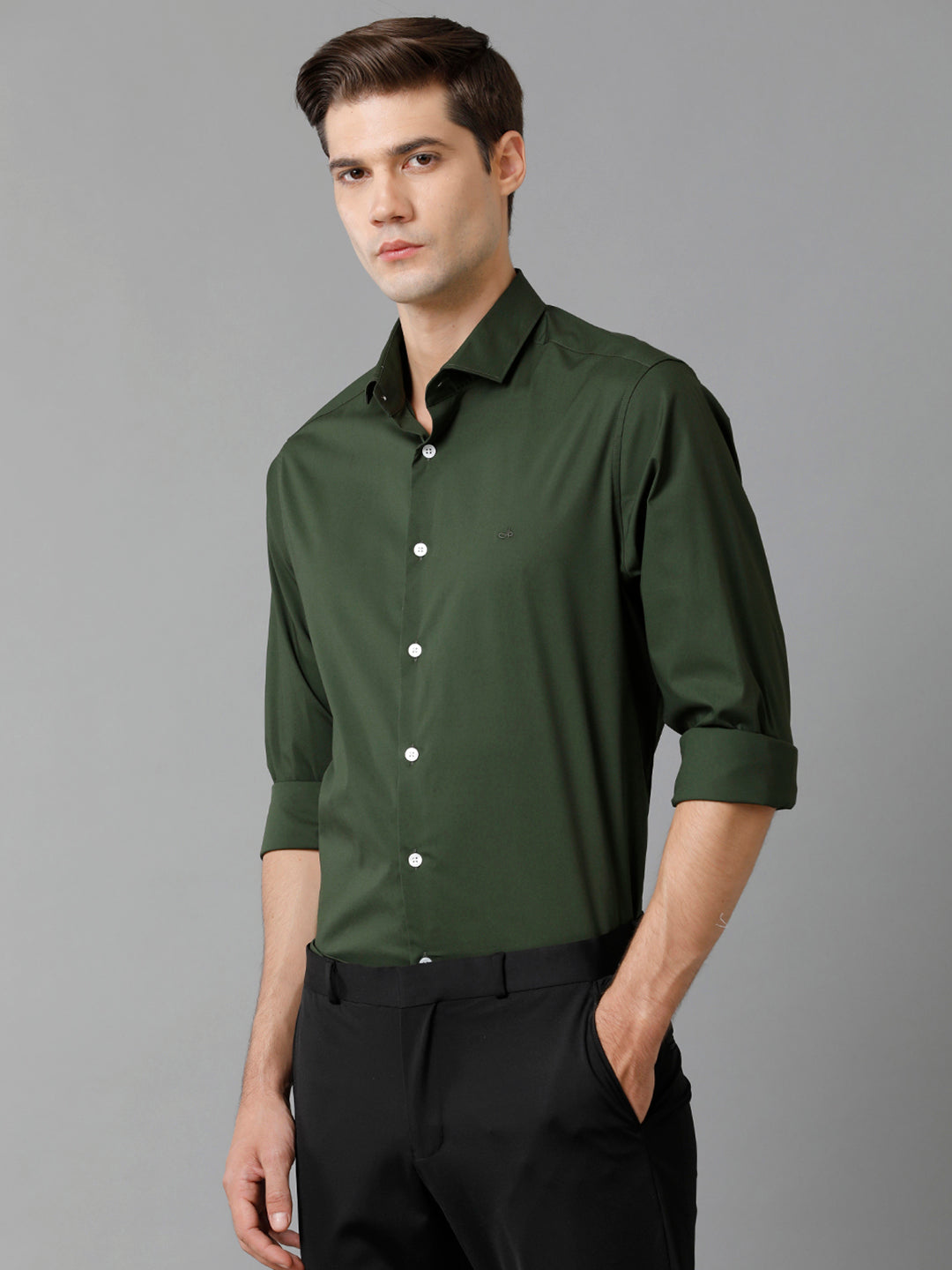 Aldeno Mens Slim Fit Solid Green Formal Satin Shirt (CHORD)