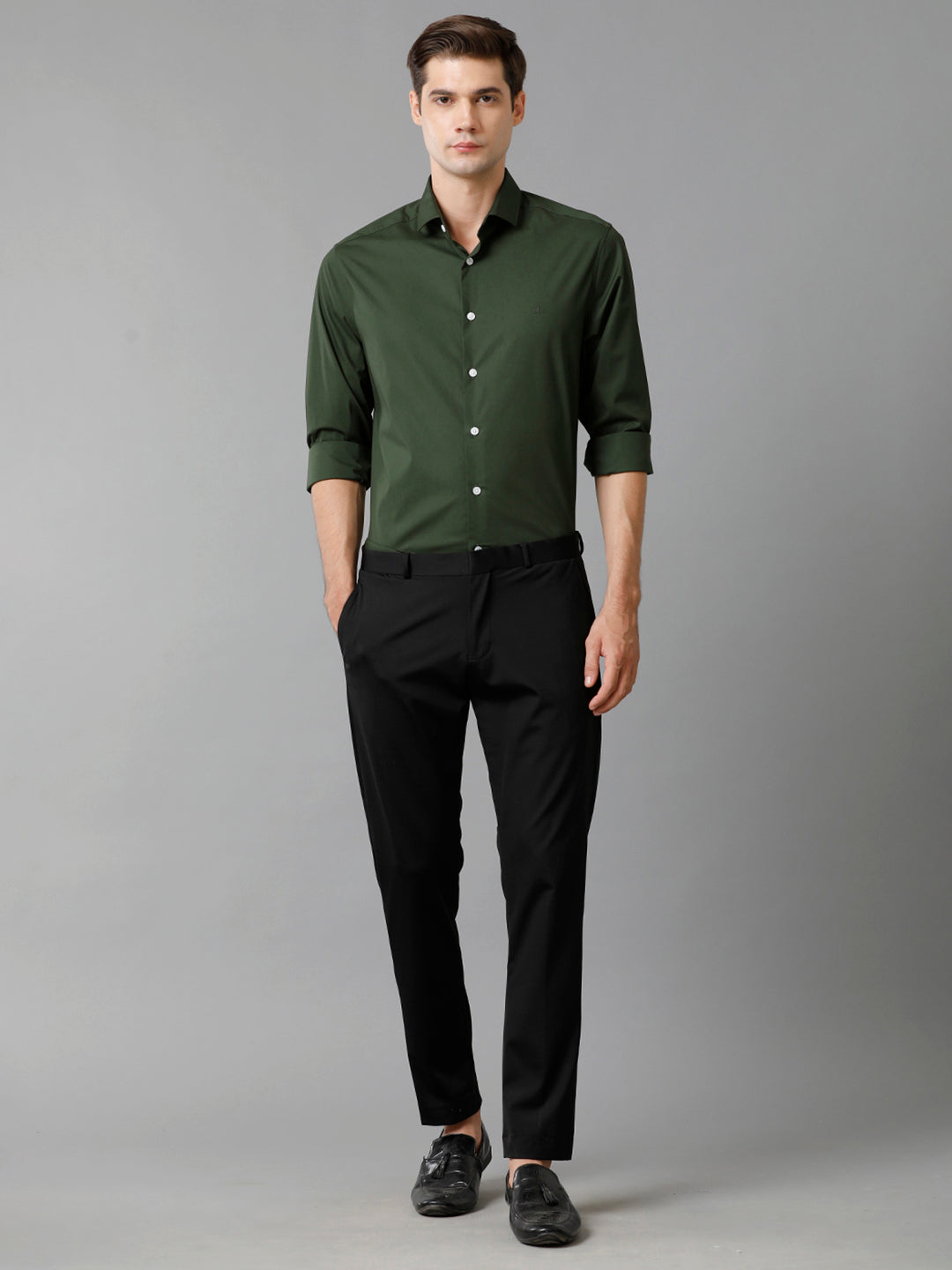 Aldeno Mens Slim Fit Solid Green Formal Satin Shirt (CHORD)