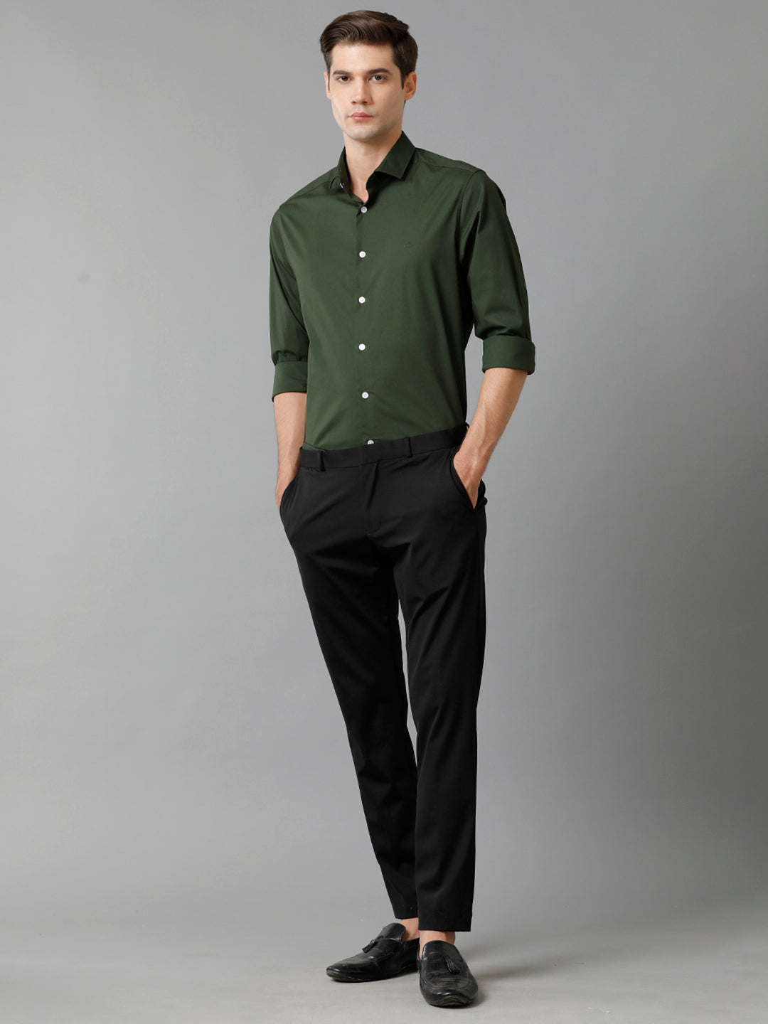 Aldeno Mens Slim Fit Solid Green Formal Satin Shirt (CHORD)