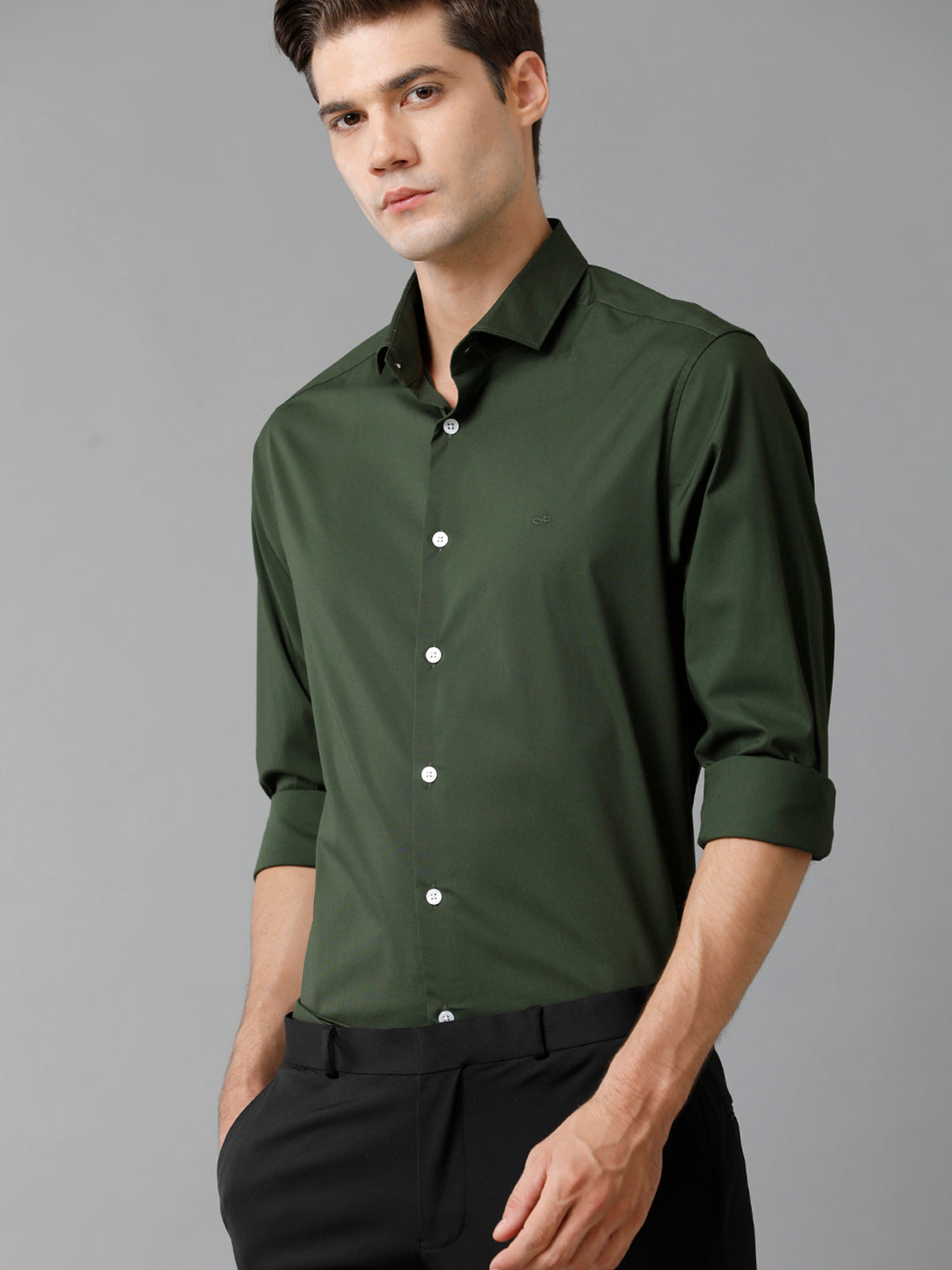 Aldeno Mens Slim Fit Solid Green Formal Satin Shirt (CHORD)