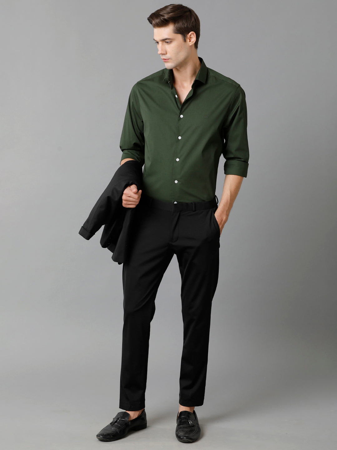 Aldeno Mens Slim Fit Solid Green Formal Satin Shirt (CHORD)