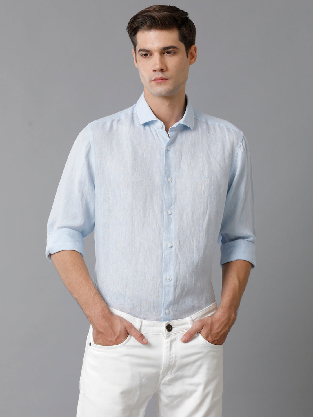 Aldeno Mens Regular Fit Solid Blue Casual Linen Shirt (LEWIS)