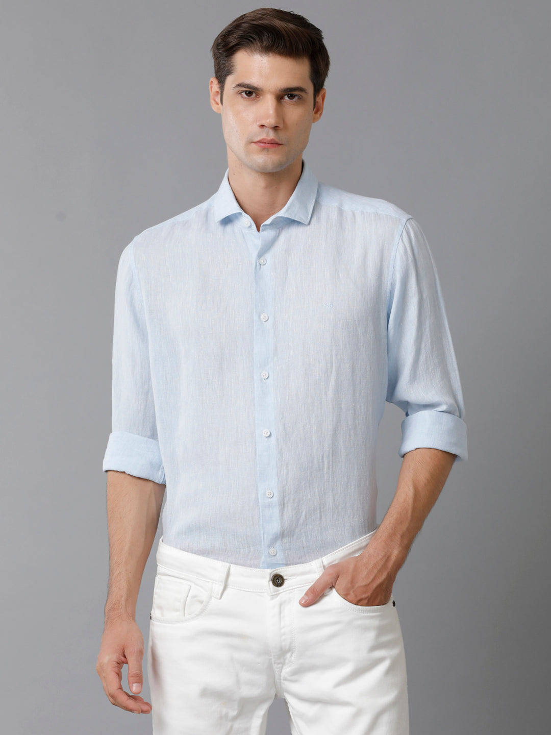 Aldeno Mens Regular Fit Solid Blue Casual Linen Shirt (LEWIS)