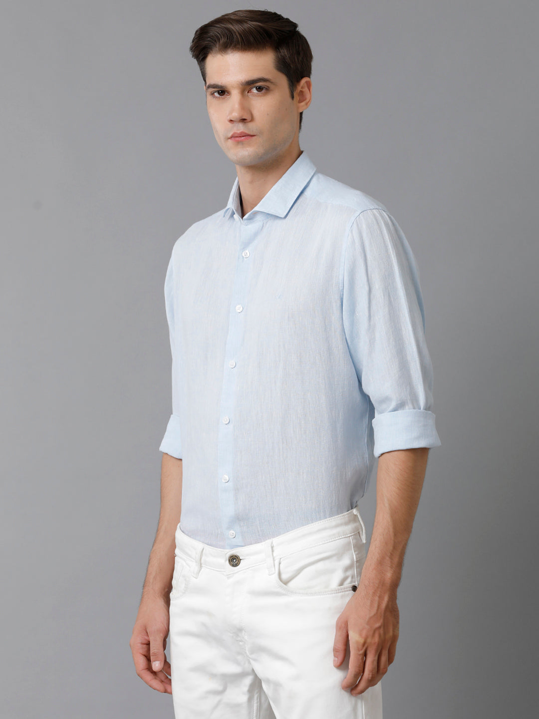 Aldeno Mens Regular Fit Solid Blue Casual Linen Shirt (LEWIS)