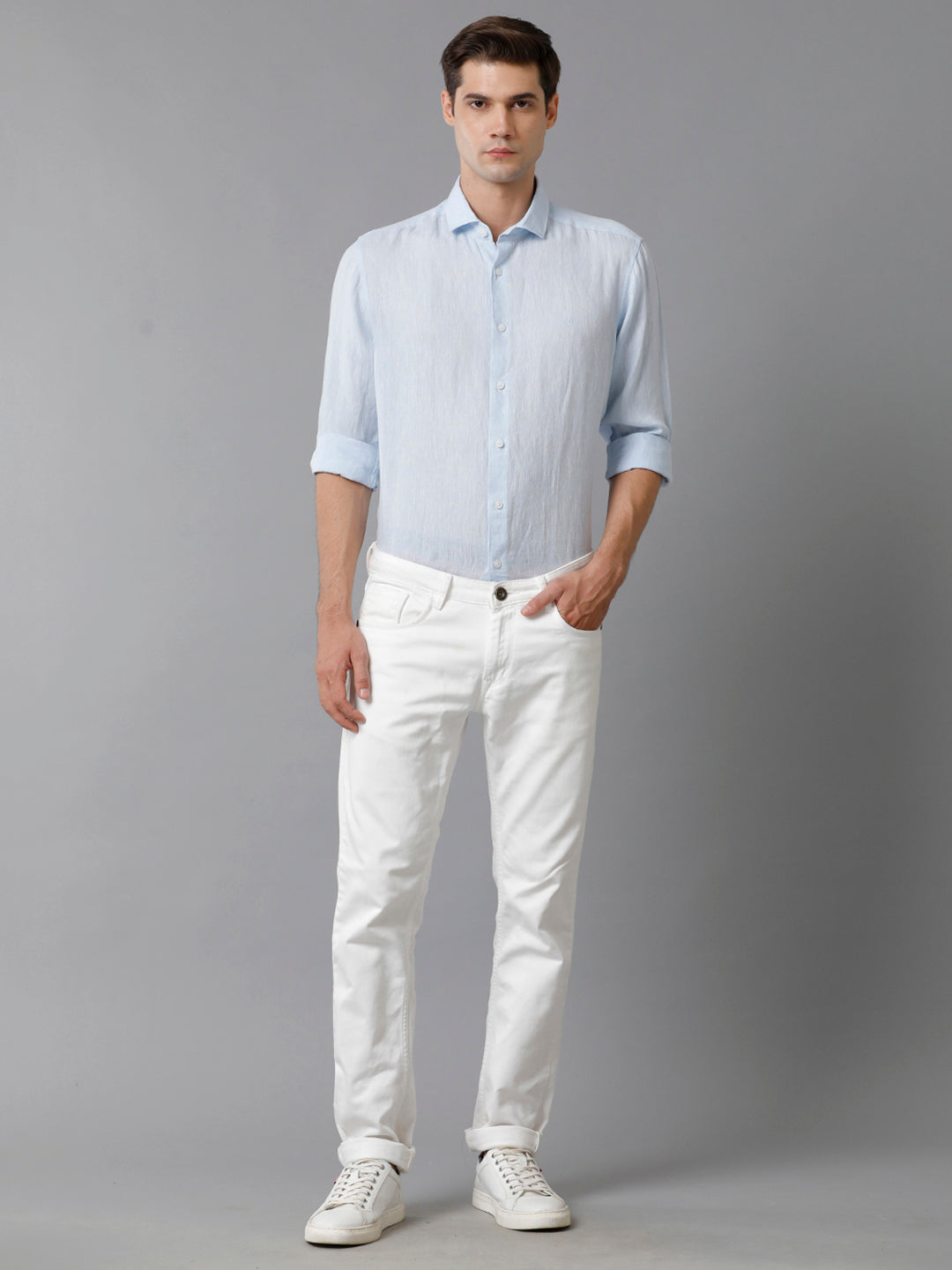 Aldeno Mens Regular Fit Solid Blue Casual Linen Shirt (LEWIS)