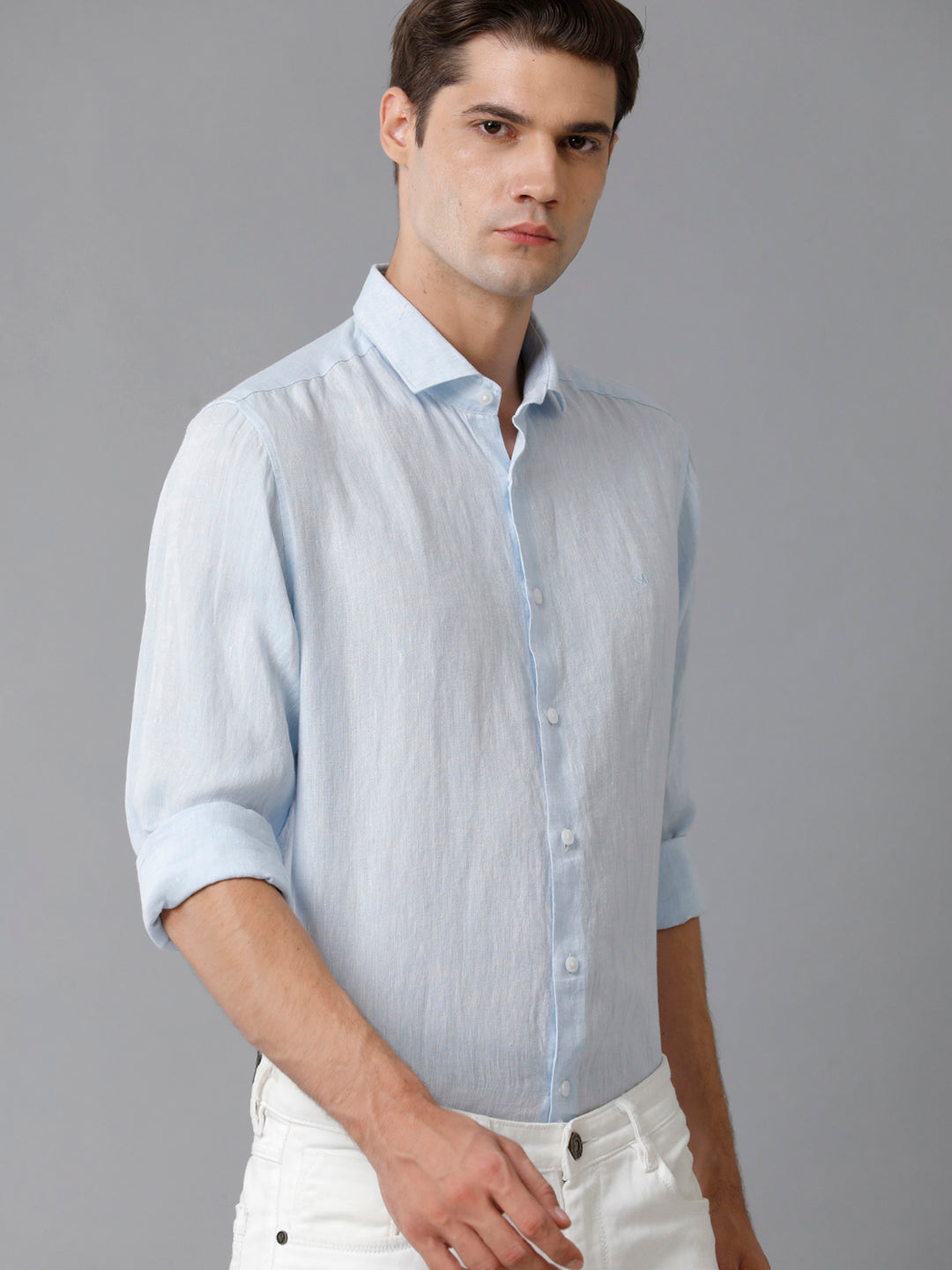Aldeno Mens Regular Fit Solid Blue Casual Linen Shirt (LEWIS)