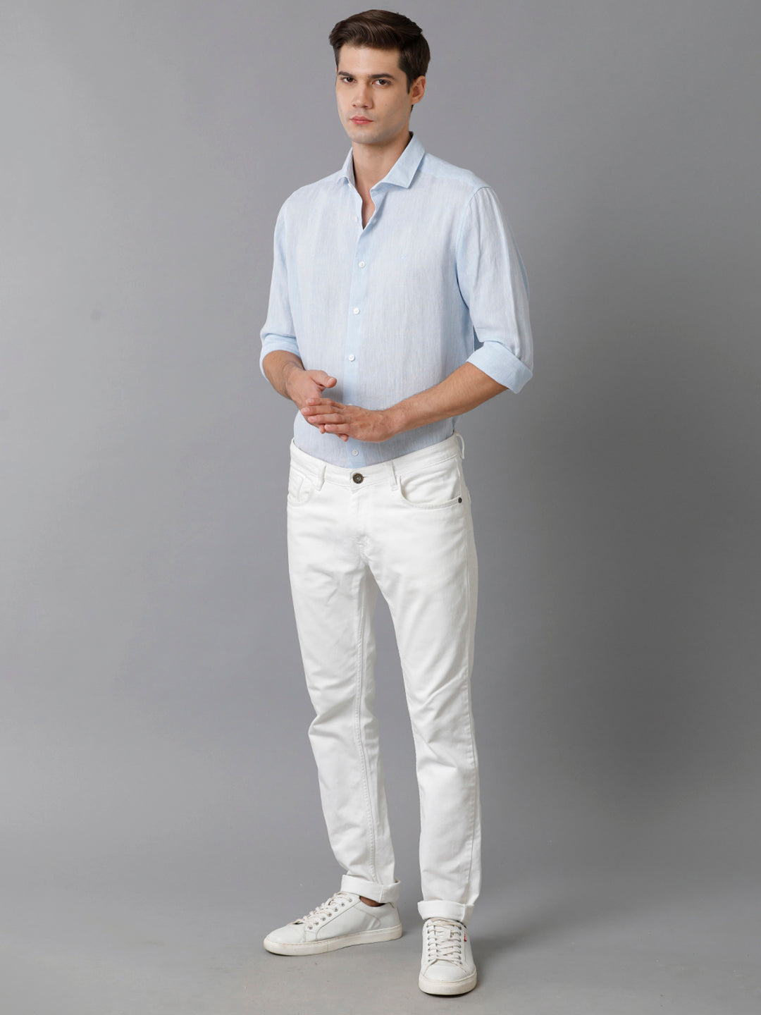 Aldeno Mens Regular Fit Solid Blue Casual Linen Shirt (LEWIS)