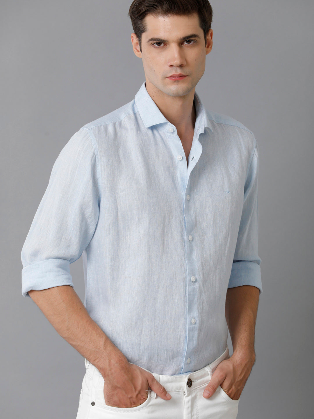 Aldeno Mens Regular Fit Solid Blue Casual Linen Shirt (LEWIS)