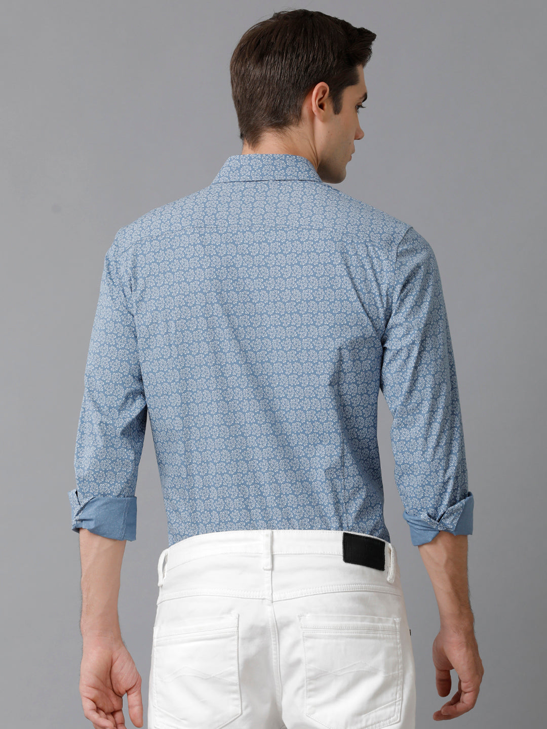 Aldeno Mens Slim Fit Steel Blue/White Abstract AOP Casual Cotton Blend Stretch Shirt (ROMEO))