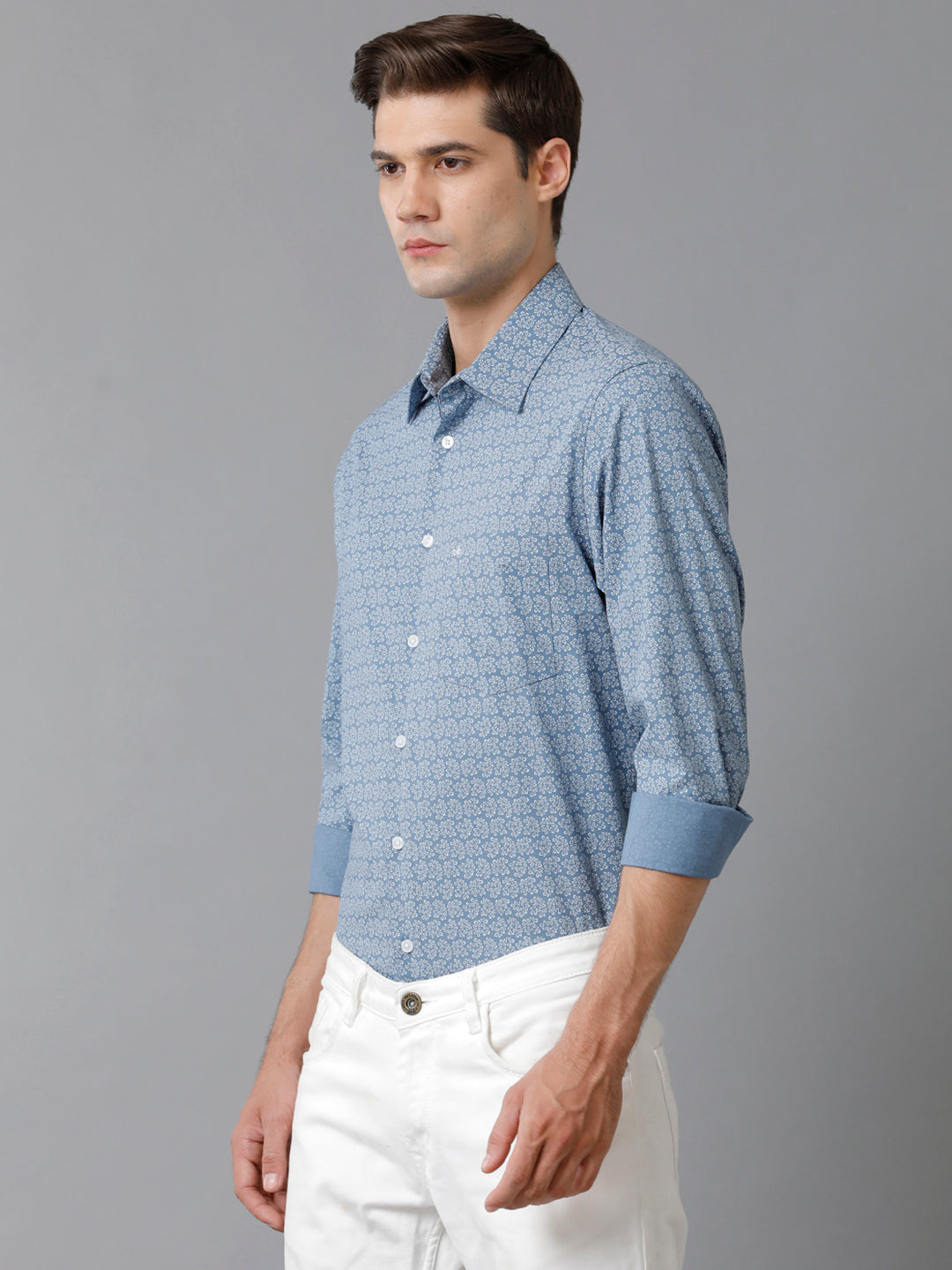 Aldeno Mens Slim Fit Steel Blue/White Abstract AOP Casual Cotton Blend Stretch Shirt (ROMEO))