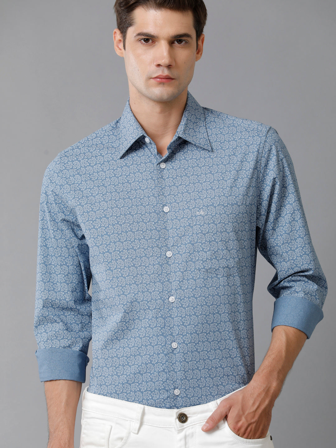 Aldeno Mens Slim Fit Steel Blue/White Abstract AOP Casual Cotton Blend Stretch Shirt (ROMEO))