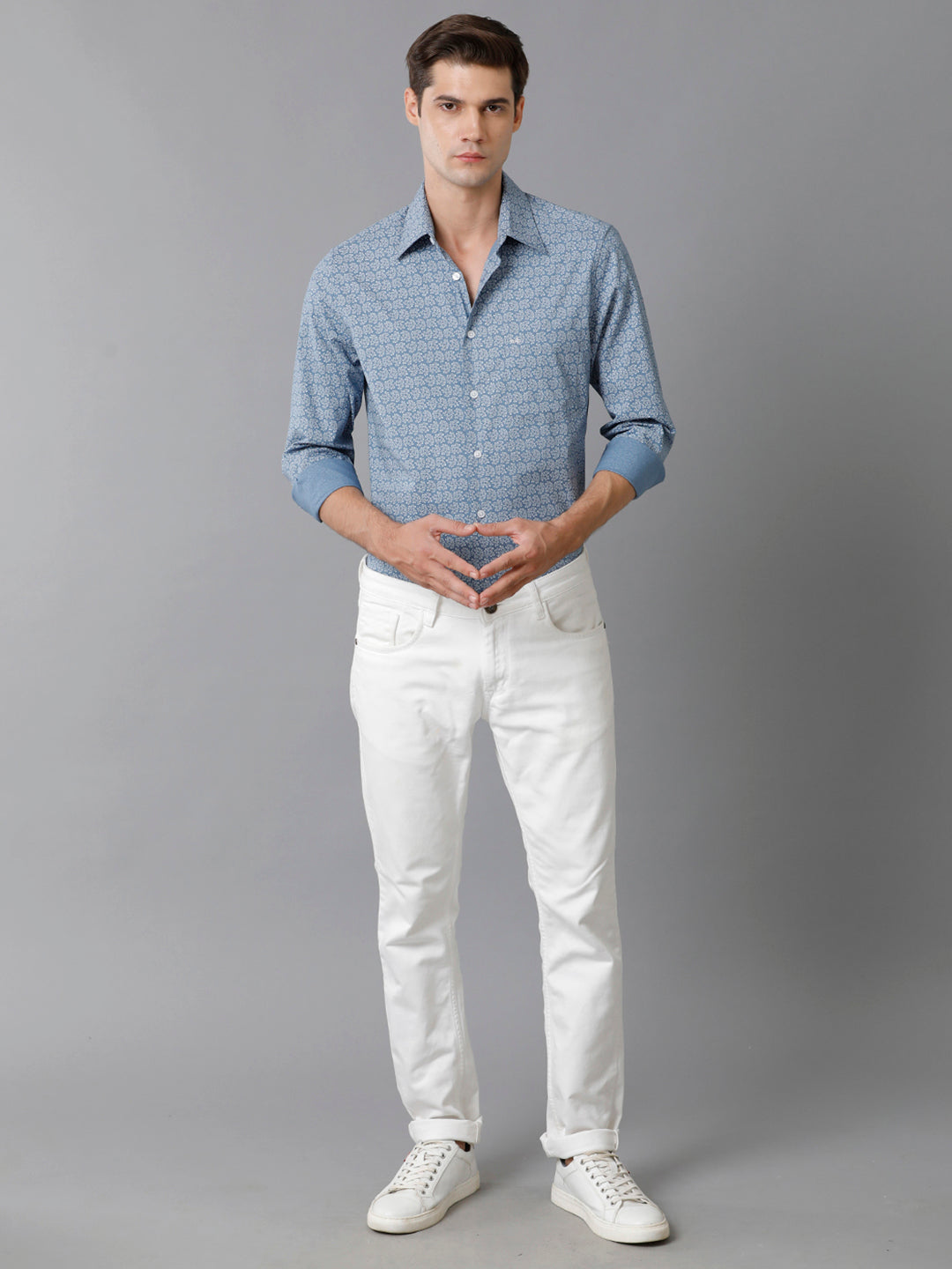 Aldeno Mens Slim Fit Steel Blue/White Abstract AOP Casual Cotton Blend Stretch Shirt (ROMEO))