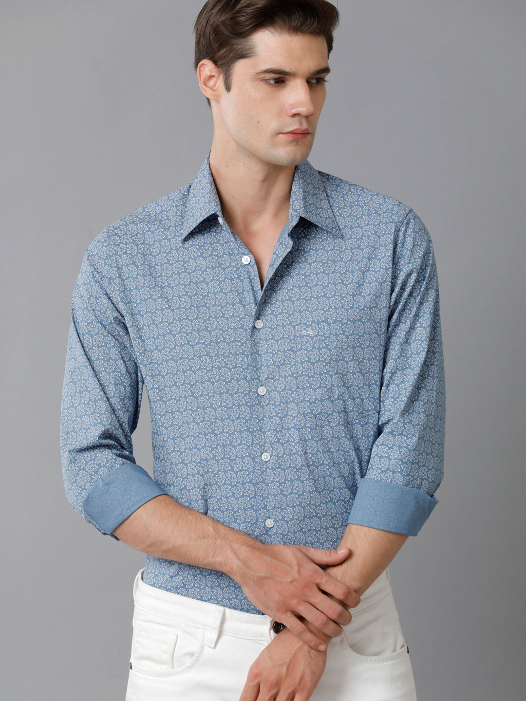 Aldeno Mens Slim Fit Steel Blue/White Abstract AOP Casual Cotton Blend Stretch Shirt (ROMEO))