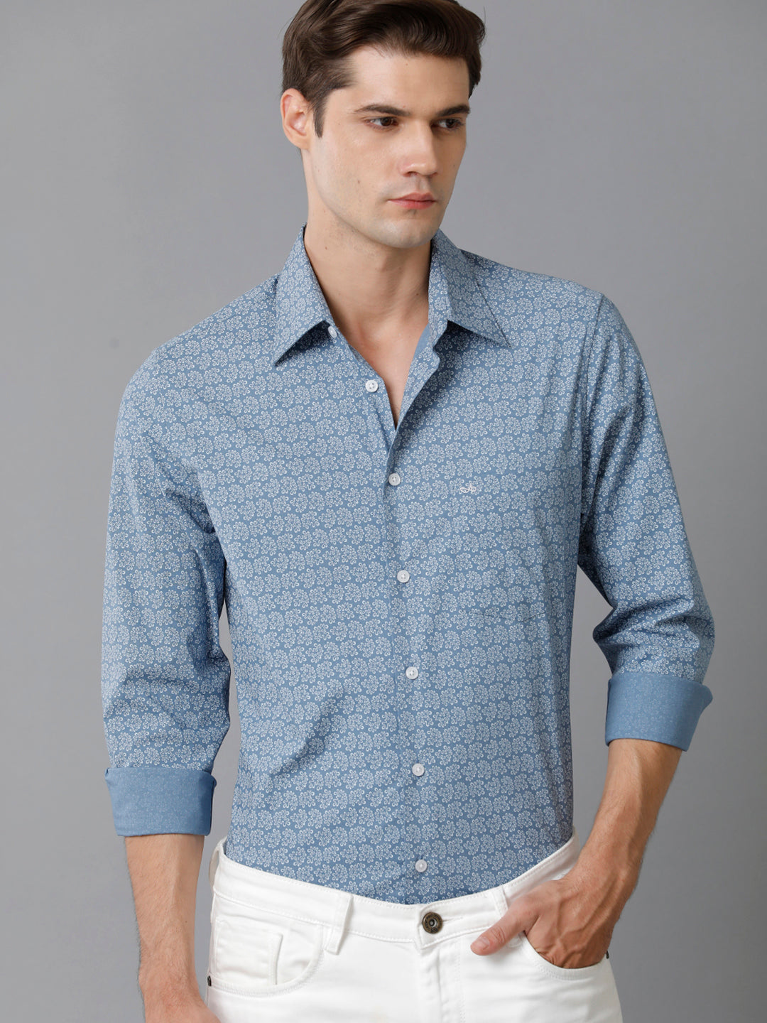 Aldeno Mens Slim Fit Steel Blue/White Abstract AOP Casual Cotton Blend Stretch Shirt (ROMEO))