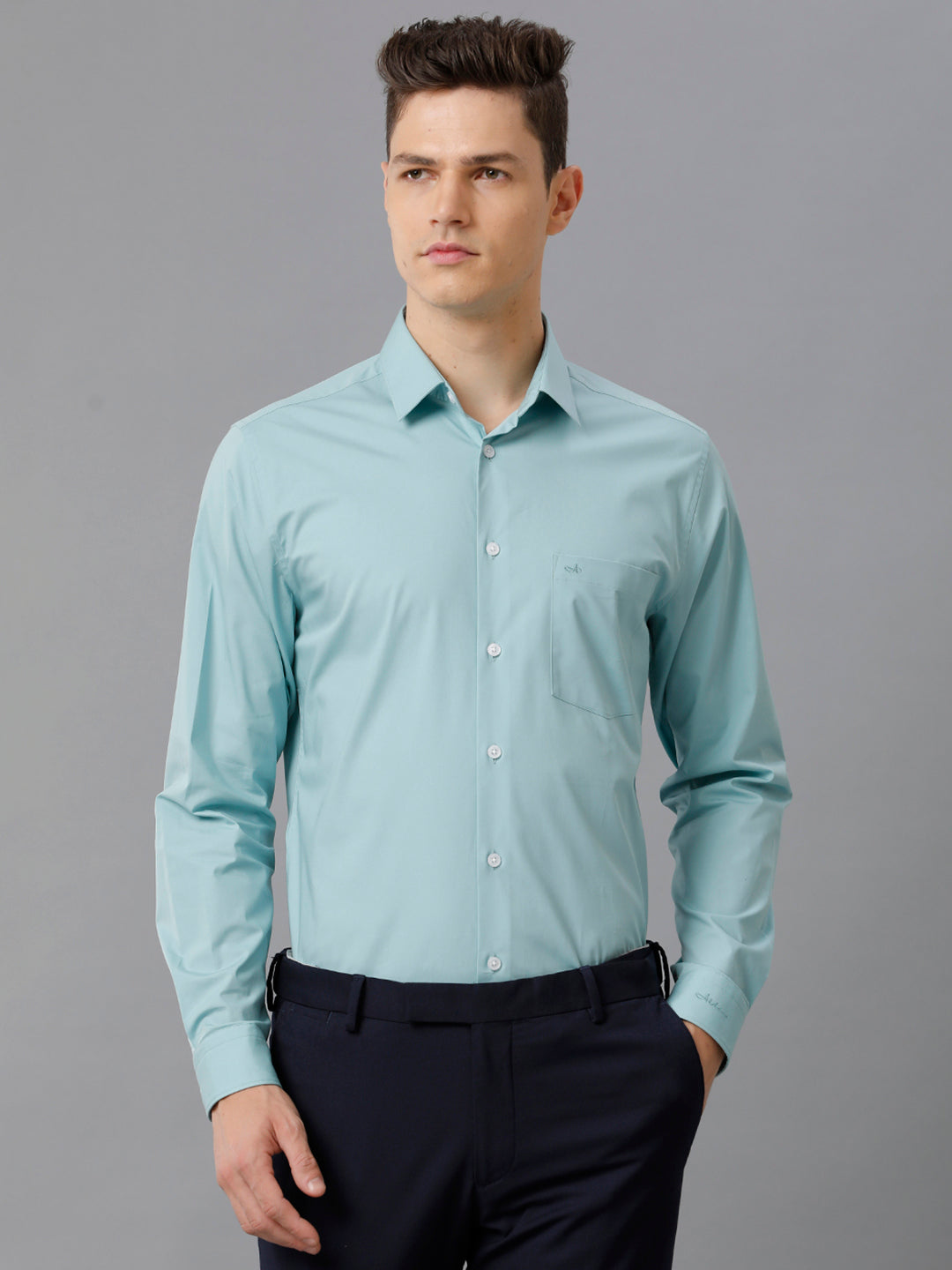 Aldeno Mens Slim Fit Solid Teal Formal Cotton Stretch Shirt (CASON)
