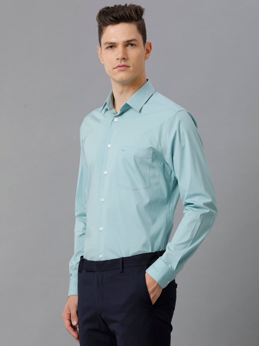 Aldeno Mens Slim Fit Solid Teal Formal Cotton Stretch Shirt (CASON)