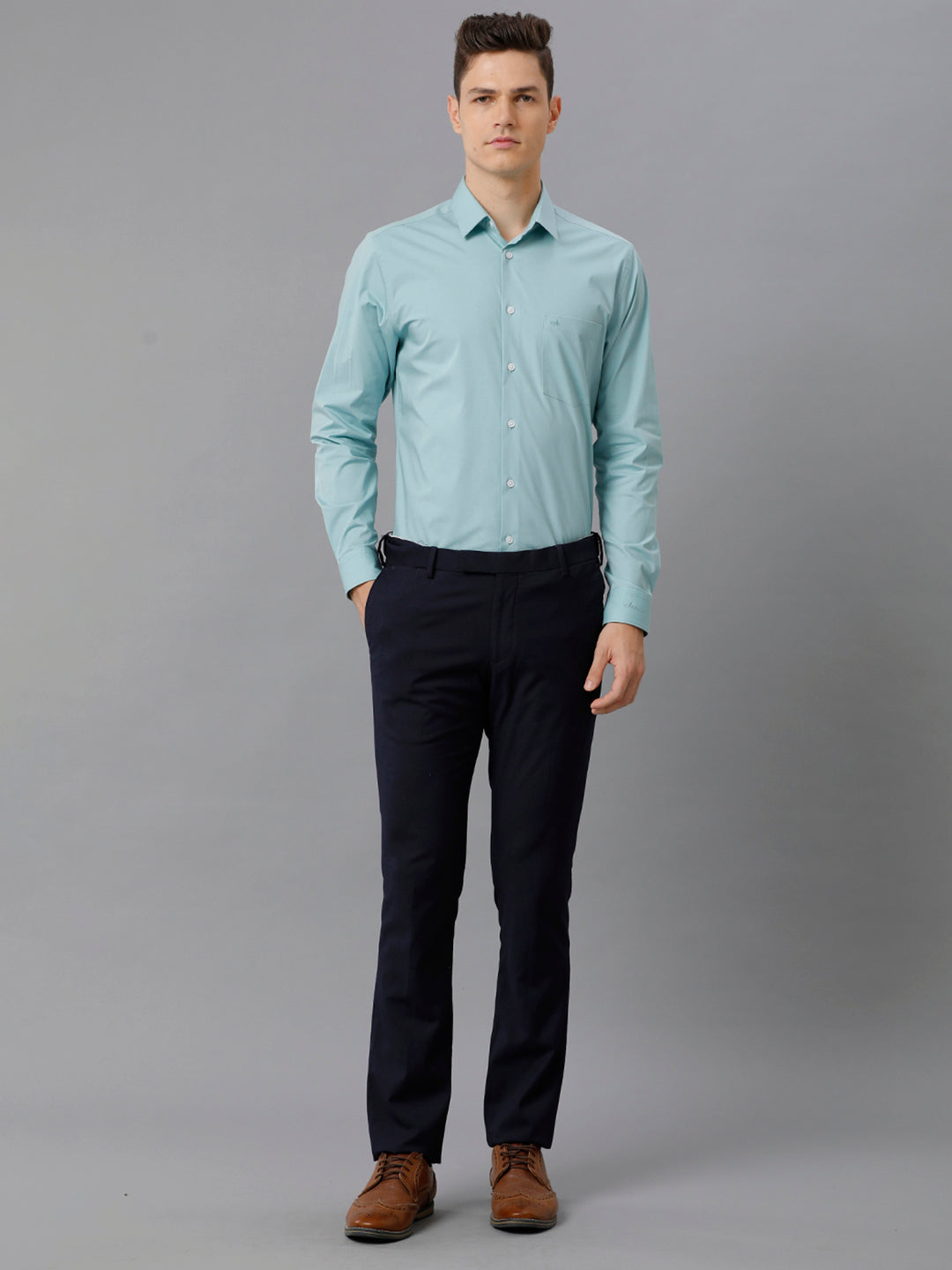 Aldeno Mens Slim Fit Solid Teal Formal Cotton Stretch Shirt (CASON)