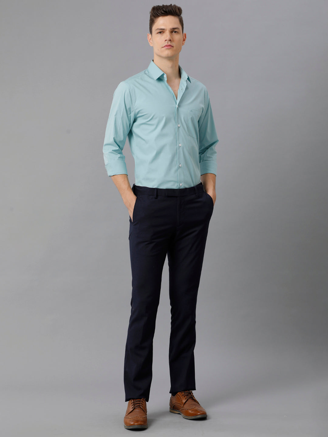 Aldeno Mens Slim Fit Solid Teal Formal Cotton Stretch Shirt (CASON)